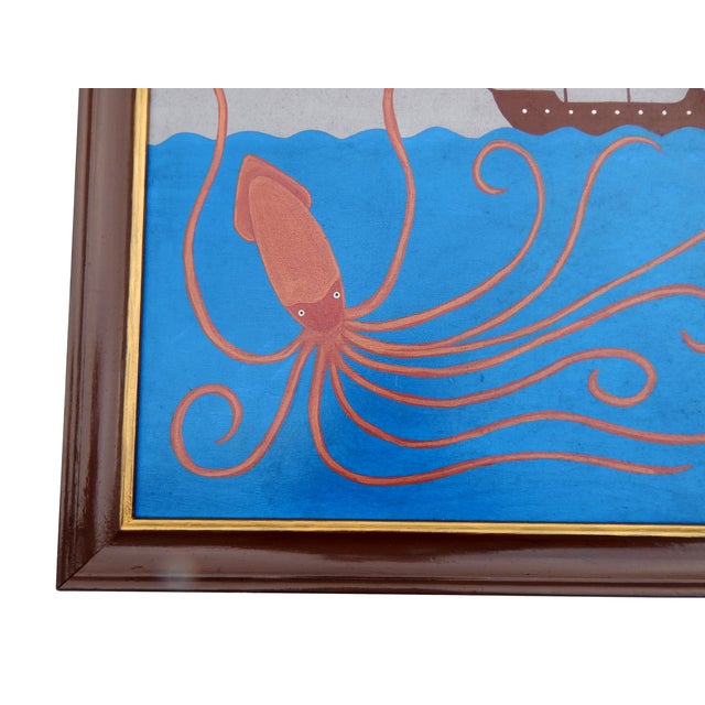 Early 21st Century Matt Rix, Naive Style Giant Squid & Sail Ship, Oil on Board, Framed For Sale - Image 5 of 15