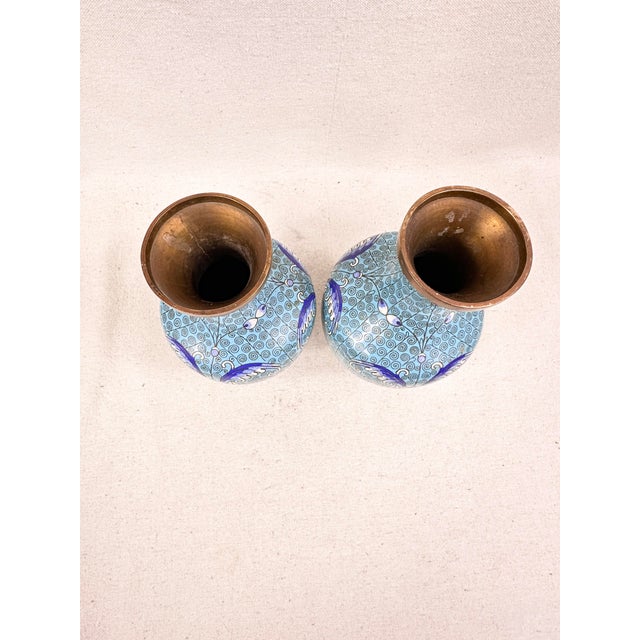 Metal Mid-20th Century Chinese Blue & White Cloisonné Brass Vases - A Pair For Sale - Image 7 of 8