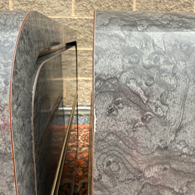 1980s Postmodern Waterfall Laminate & Brass 2 Drawer Nightstands in Gray Burlwood Print - A Pair For Sale - Image 18 of 18