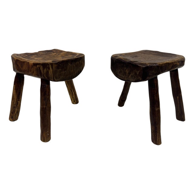 Rustic Brutalist Tripod Stools in Elm, 1960s, Set of 2 For Sale