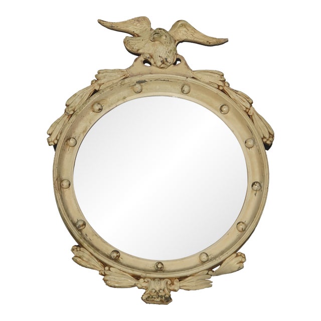 Antique Off White Federal Bullseye Eagle Convex Wall Mantle Mirror 13 Colonies#3 For Sale