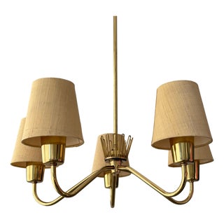 Mid-Century Brass and Textile Chandelier from Asea, Sweden, 1950s For Sale