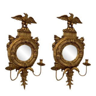 Pair of Federal Eagle Candle Convex Mirror Sconces For Sale