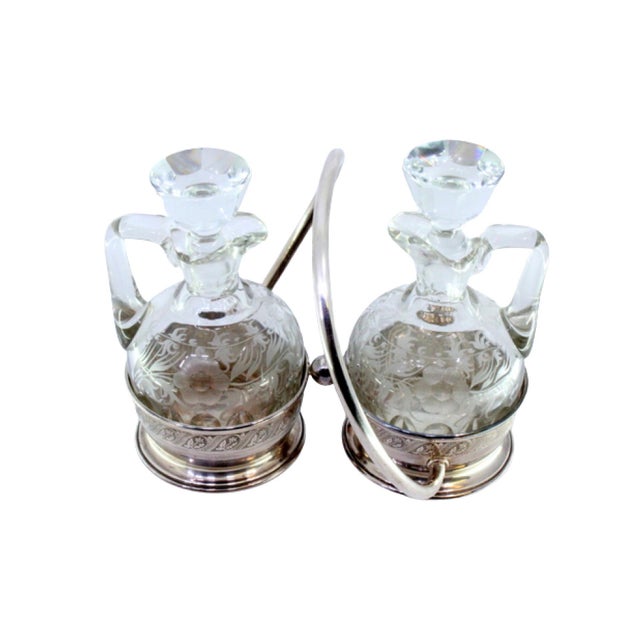 Metal Cruet Set with Silver Structure with Two Acid-Etched Glass Cruets, Set of 3 For Sale - Image 7 of 7