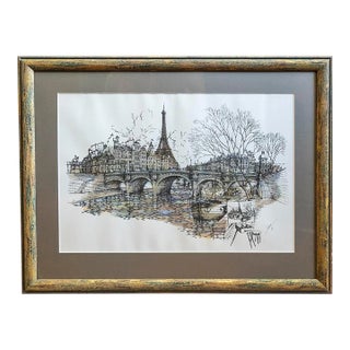 Paris, the River Seine, Framed, Signed Ink and Watercolor on Paper Painting For Sale