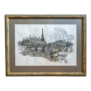 Paris, the River Seine, Framed, Signed Ink and Watercolor on Paper Painting