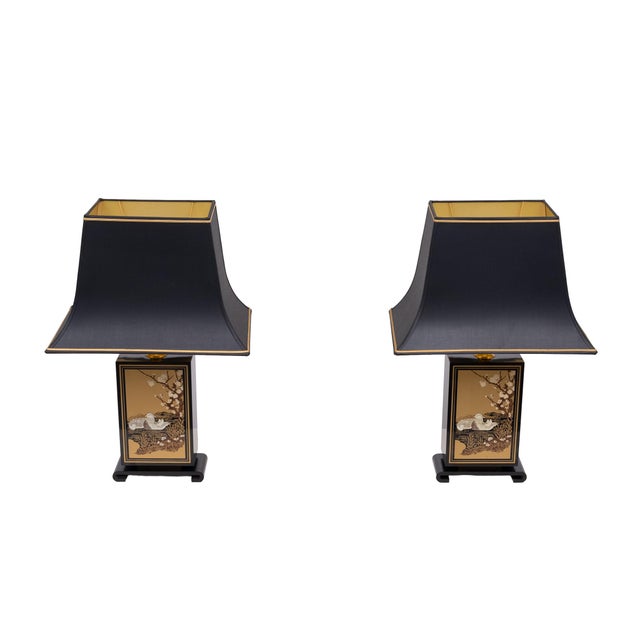 Stunning pair of Mid-Century Modern design Hokkaido table table lamps with curved rolled up black lacquered wood bottom...