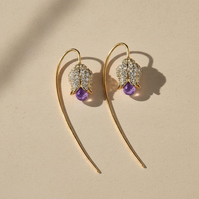 Silver, Gold Lily Flower Earrings With Amethyst Briolettes, Pair For Sale - Image 4 of 9