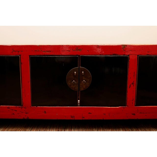 Chinese Antique Chinese Low Red Elmwood Cabinet For Sale - Image 3 of 12