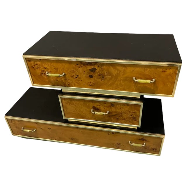 Modular Veneer Wood and Brass Trimmed Console Cabinet, 1950s, Set of 3 For Sale
