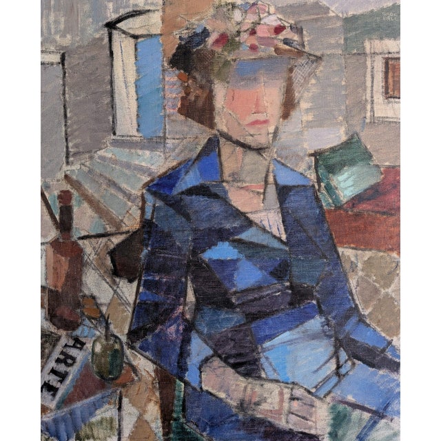 Mid-Century Modern 'Woman in a Blue Coat' Vintage Swedish Cubist Figurative Oil Painting, Framed For Sale - Image 9 of 11