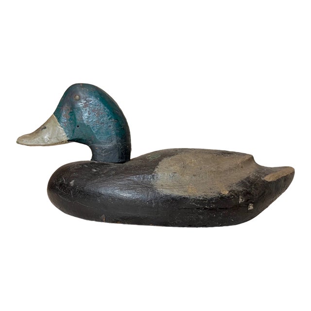 Antique Hand Carved Wood Folk Art Mallard Duck Decoy Shore Bird Sculpture Black For Sale