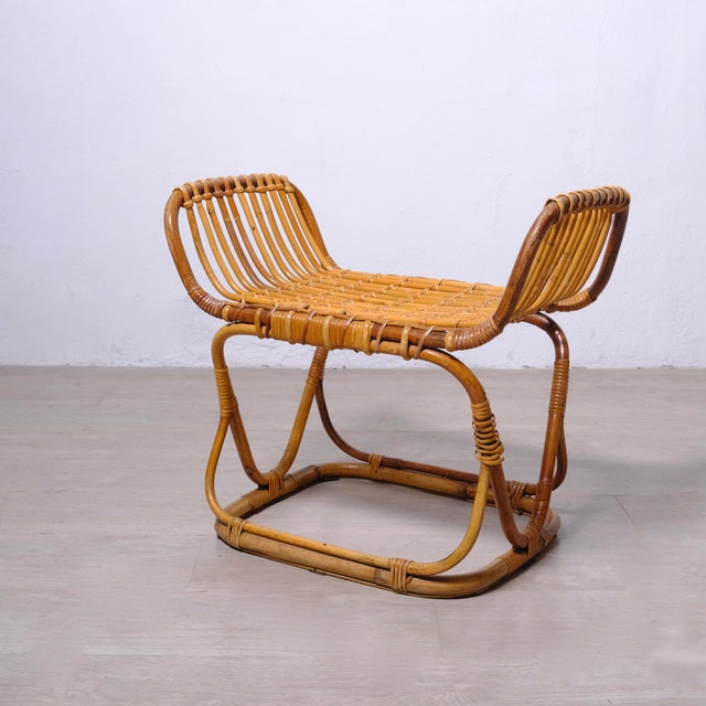 Beautiful bamboo pouf footrest 1950s design. Dimensions: Height 55 cm Seat height 38 cm Maximum width 63 cm Depth 40 cm