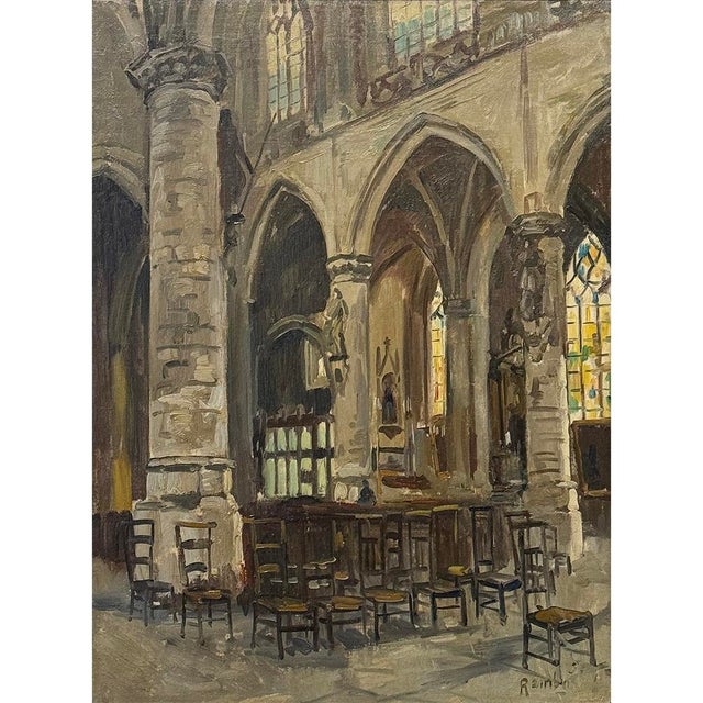 Antique Framed Oil Painting on Canvas signed Rainbo depicts the interior of a cathedral, most likely the most prominent...