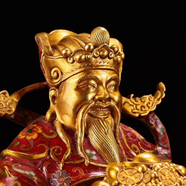 Late 19th Century Late 19th Century Cloisonné Gilt Bronze God of Wealth Figure, 4400g, 12" Tall For Sale - Image 5 of 8