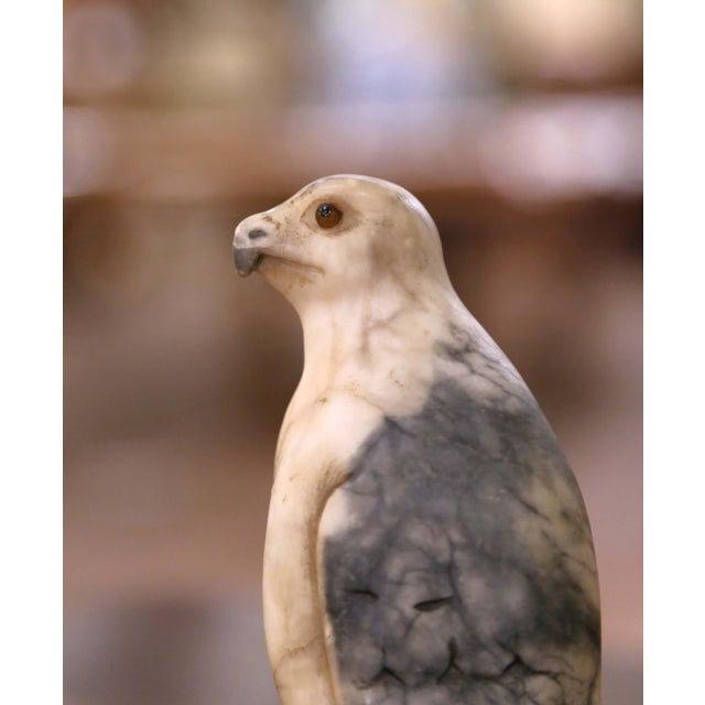 French Pair of 19th Century French Carved Marble Eagle Sculptures With Glass Eyes For Sale - Image 3 of 9