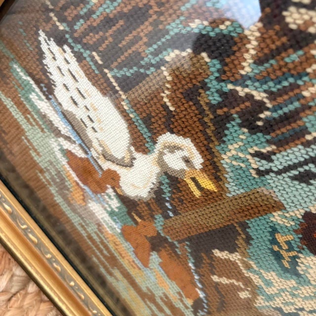 Mid-Century Modern Vintage 1970s Handmade Needlepoint in Frame Featuring a Farm Scene Pond With Ducks, Geese, and Chickens Textile Art For Sale - Image 3 of 9