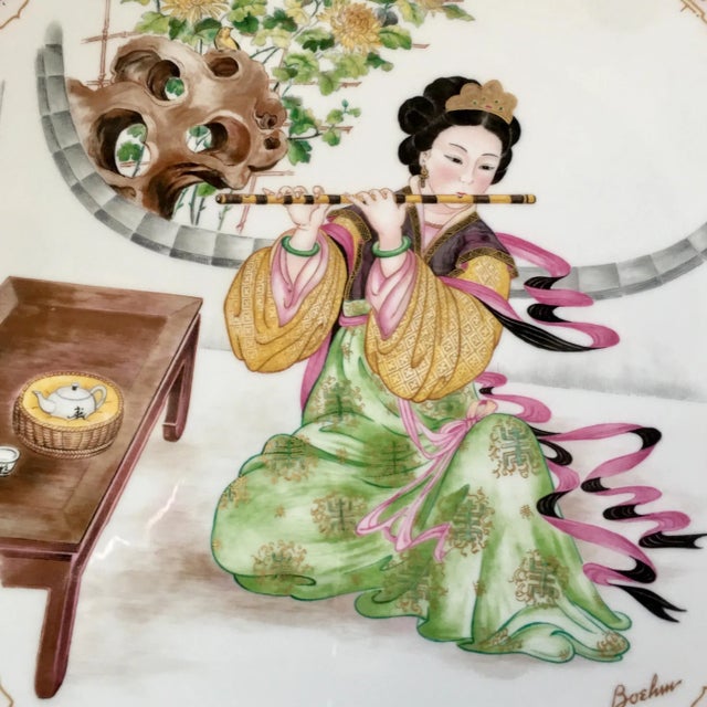 Pink 1980’s Chinese Maiden Plates-Pair For Sale - Image 8 of 10
