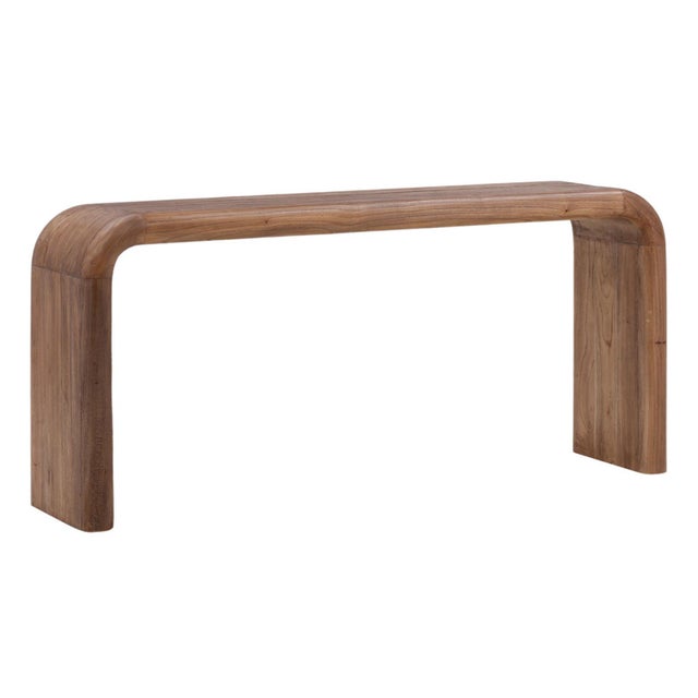 Beautiful medium brown chestnut finish rounded waterfall style wood console table. Each may vary in exact finish/tones,...