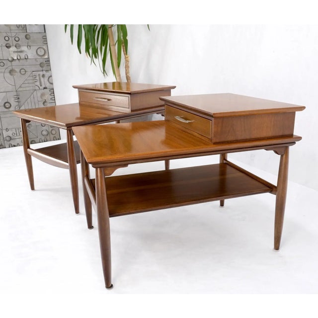 Pair Walnut American Mid-Century Modern One Drawer Step End Tables Stands For Sale - Image 10 of 13