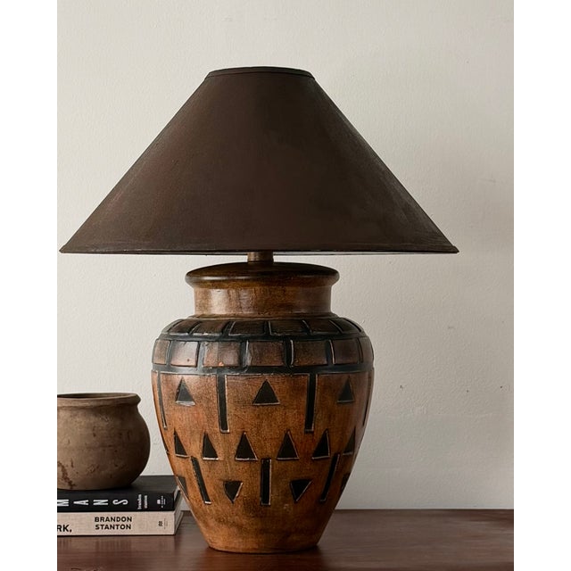 Late 20th-Century Geometric Relief Earthenware Table Lamp For Sale - Image 4 of 11