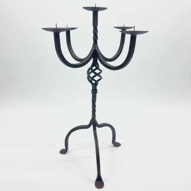 Hand Forged Iron Candelabra 23.5″ (60cm) Antique Copper Finish 5-Arm Grand Banquet Centerpiece & Wedding Decor For Sale - Image 9 of 9