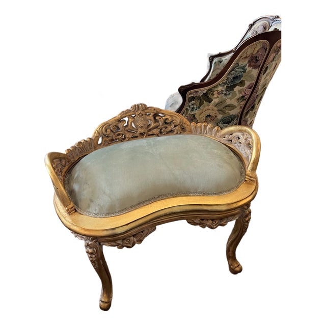 1970s Regal Gold Wooden Bench With Velvet Seating For Sale