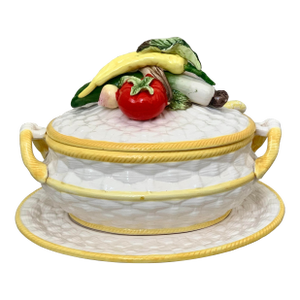 Vintage 1980’s Robert Nemith Majolica Ceramic Soup Tureen Centerpiece, Basketweave Under Plate, Ladle, and Lid Adorned With Trompe l'Oeil Vegetables