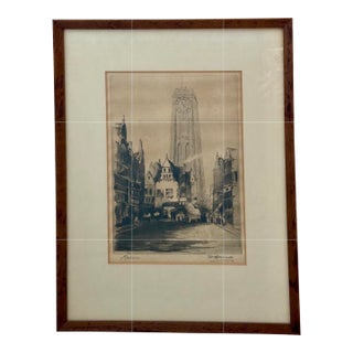 Original Antique Monochrome Etching With Drypoint of St. Rumbold's Cathedral in Mechelen, Belgium by Glasgow Artist William Renison, Late 19th Century For Sale