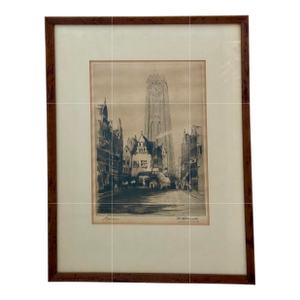 Original Antique Monochrome Etching With Drypoint of St. Rumbold's Cathedral in Mechelen, Belgium by Glasgow Artist William Renison, Late 19th Century
