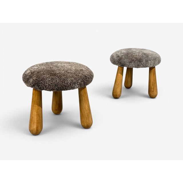 Mid-Century Modern Danish Modern Style, Gray Sheepskin, Maple, Shearling Footstools, 21st C. For Sale - Image 3 of 9