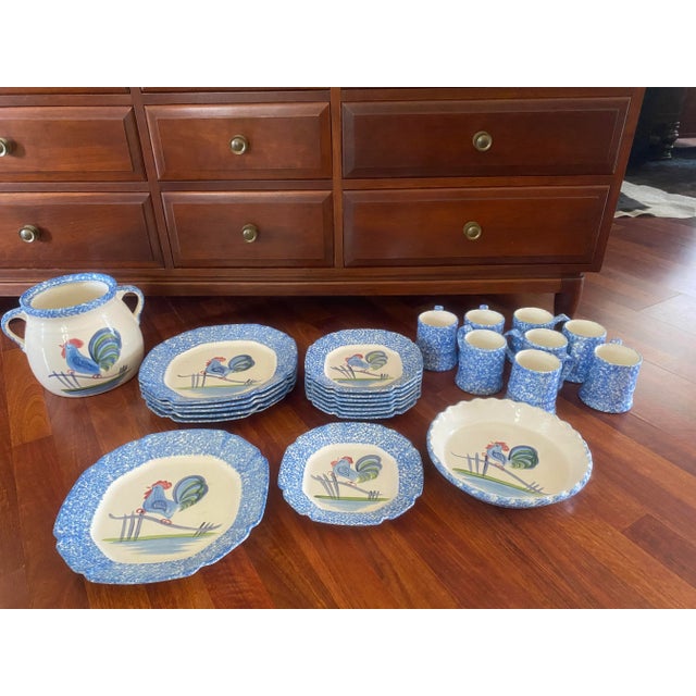 Rustic Farmhouse Farmhouse Blue Stipple Rooster Los Angeles Potteries Dish Set with 24 total pieces including one 9-3/4”...