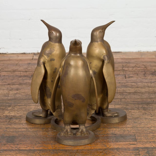 Mid 20th Century Triple Penguin Bronze Sculpted Group on Trefoiled Base with Gold Patina For Sale - Image 11 of 12