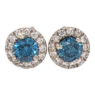 Blue Diamond Earrings with Natural Diamonds in Solid 14K White Gold Round 3.5mm, a Pair For Sale