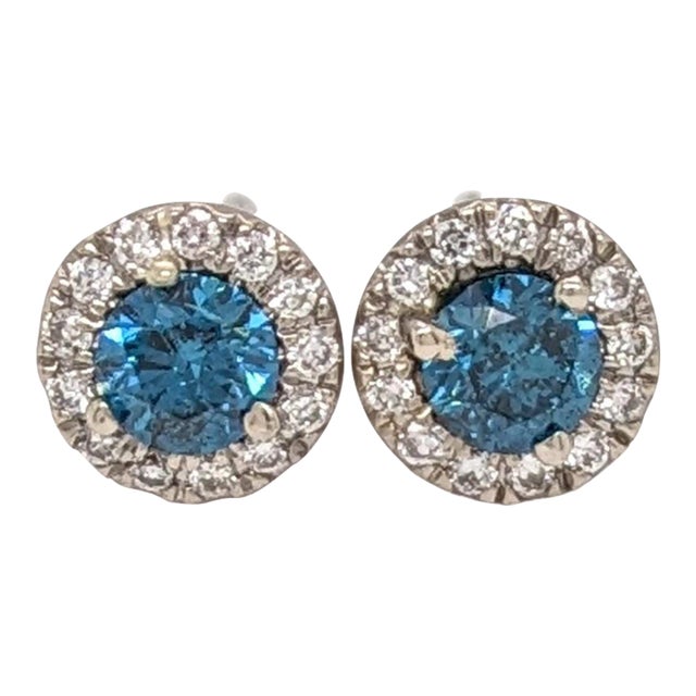 Blue Diamond Earrings with Natural Diamonds in Solid 14K White Gold Round 3.5mm, a Pair For Sale