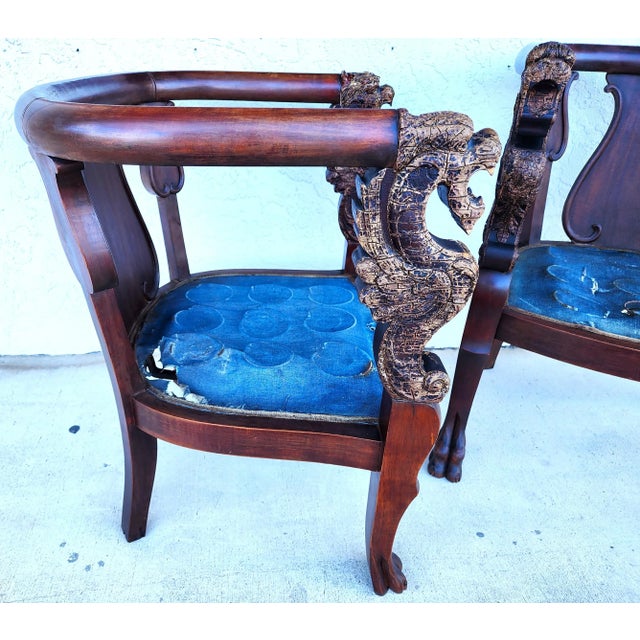Chinoiserie Antique Chinese Dragon Chairs Asian Pair For Sale - Image 3 of 12