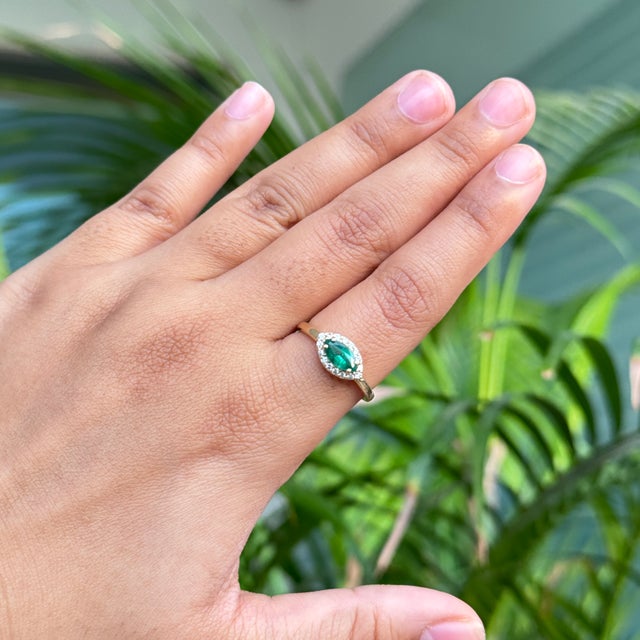 Art Deco High Quality Zambian Emerald Halo Diamond Ring Size 6 in 14k Gold For Sale - Image 11 of 17