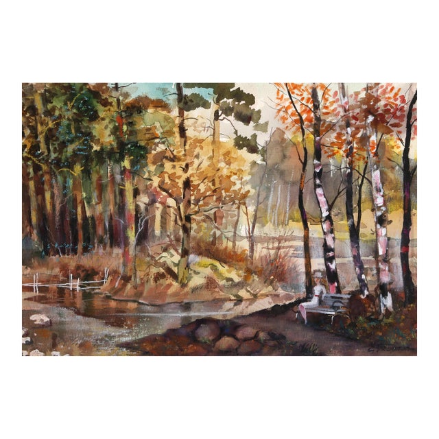 Landscape With Birches, Erik Freyman Watercolor With Pastels on Paper, Signed in Pen For Sale