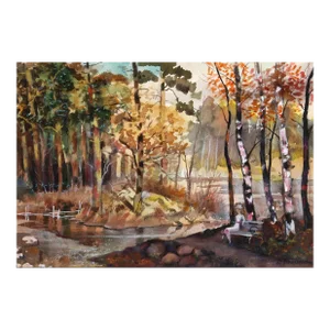 Landscape With Birches, Erik Freyman Watercolor With Pastels on Paper, Signed in Pen