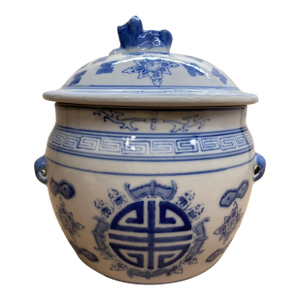 Late 20th Century Chinese Blue & White Chinoiserie Rice Jar With Foo Dog Lid