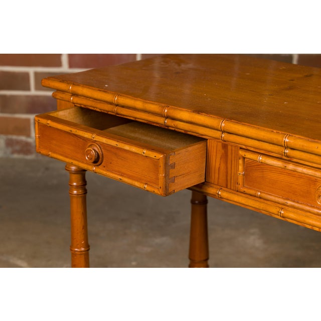 Mid 20th Century English Pine Faux Bamboo Desk with Two Drawers and H-Form Cross Stretcher For Sale - Image 4 of 12