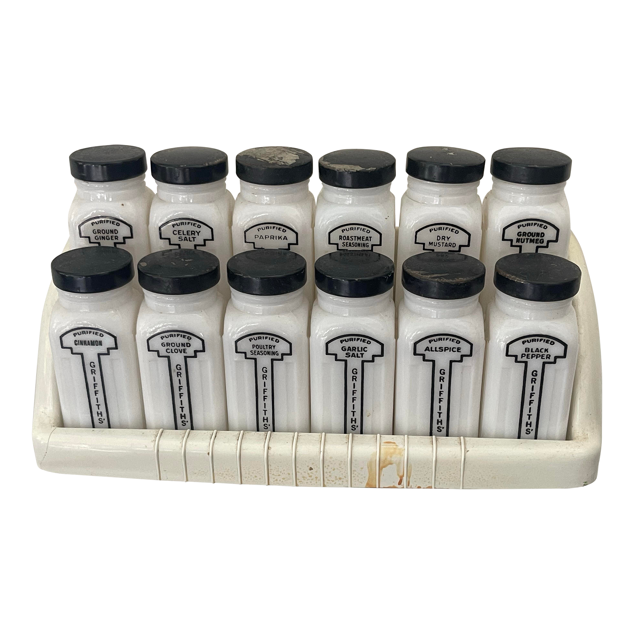 Griffith's Vintage Black and White Spice Rack 12 Jars | Chairish