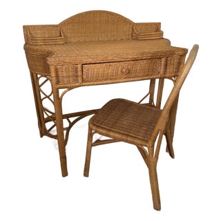 Vintage Wicker Writing Desk or Vanity With Matching Chair For Sale