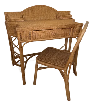 Vintage Wicker Writing Desk or Vanity With Matching Chair