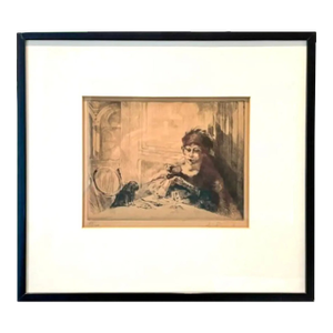 Early 20th Century Matted and Framed Antique Etching "La Femme Au Chien" by Auguste Brouet (French, 1872-1941) - Signed/Numbered