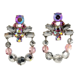 Vintage Schiaparelli Earrings Beaded Drapes Swags Rhinestones Pink Iridescent Silver - 2 Pieces