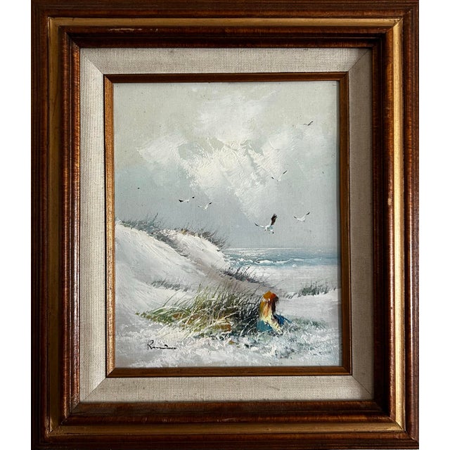Impressionist Vintage 1970’s Seascape Painting With Girl and Seagulls in Wood Frame For Sale - Image 3 of 6