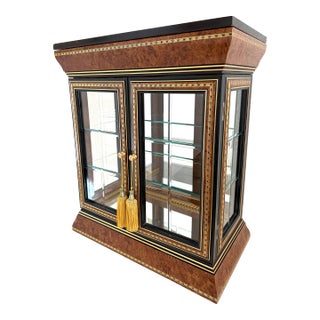 A Vintage Style Double Glass Mirrored Burl Curio Inlaid Marquetry Made in Italy For Sale