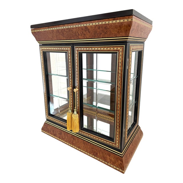 A Vintage Style Double Glass Mirrored Burl Curio Inlaid Marquetry Made in Italy For Sale
