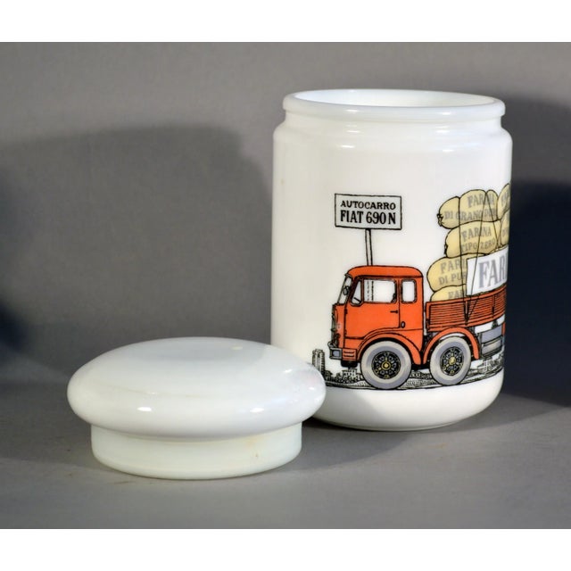 Glass Piero Fornasetti Opaque White Glass Jars and Covers made for Fiat - Set of 6 For Sale - Image 7 of 13